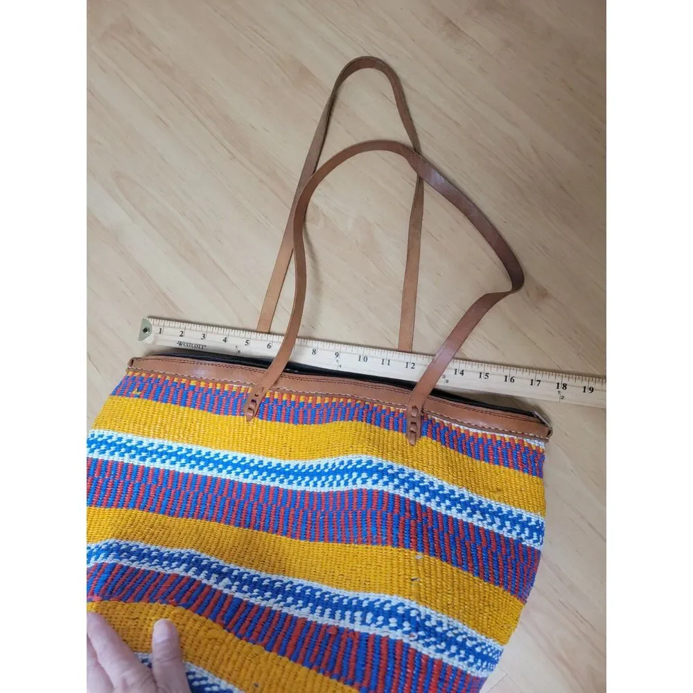African Kiondo Market Bag Handwoven Tote Yellow Blue Striped Leather Large